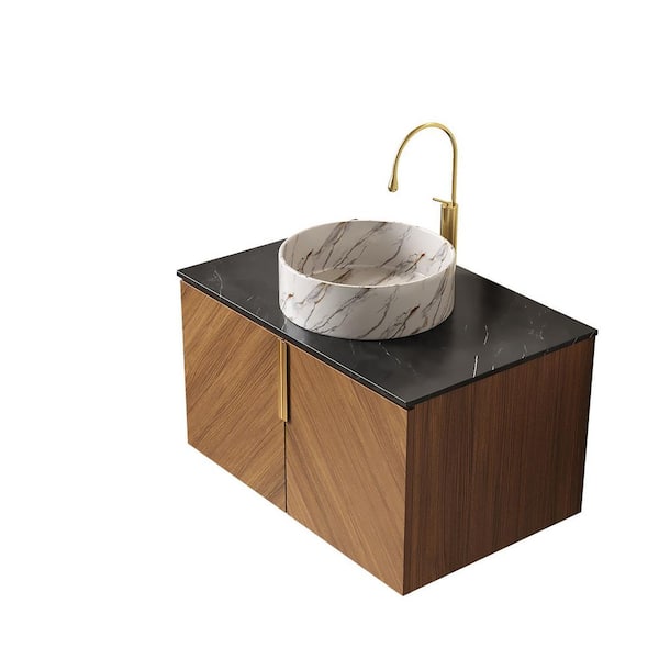 Liory 29.92 in. Floating Espresso Bath Vanity with White Round Ceramic Basin and Black Sintered Stone Top Unassembled