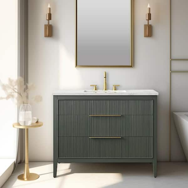 Emma 42 in. W Bath Vanity in Vintage Green with Engineered Stone Top in Arabescato with White Sink