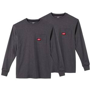 Men's 2X-Large Gray Heavy-Duty Cotton/Polyester Long-Sleeve Pocket T-Shirt (2-Pack)
