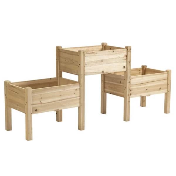 Unbranded Natural Wood Raised Garden Bed with 3-Planter Box, Elevated Plant Stand with Drainage Holes for Vegetables, Flowers