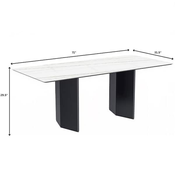 Leisuremod Lior Rectangular 71 in. Sintered StoneDining Table in Black Double Pedestal Steel Legs in White Gold Seats 8