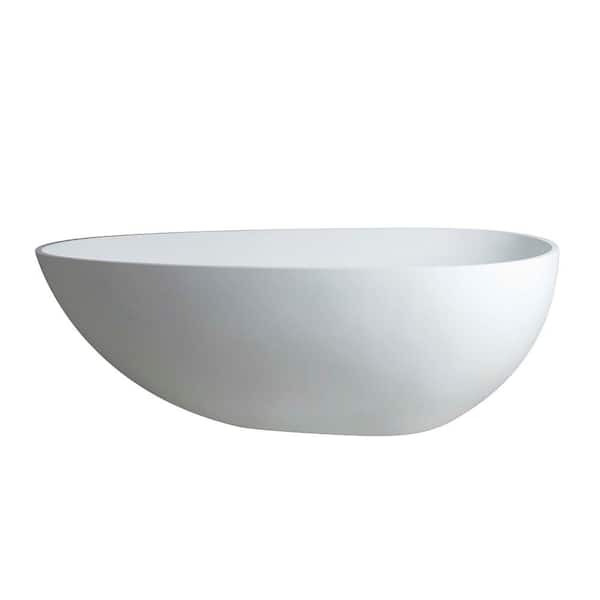 Whatseaso 59 in. Stone Resin Solid Surface Flatbottom Non-Whirlpool Soaking Bathtub in White w/Brass Drain and Stainless Overflow