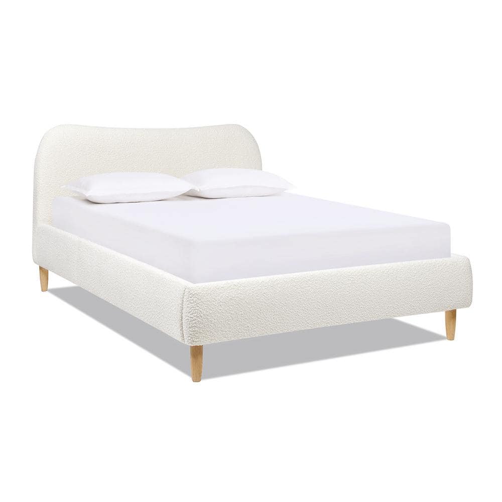 Ivory White Boucle Upholstered Queen Platform Bed with Curved Headboard