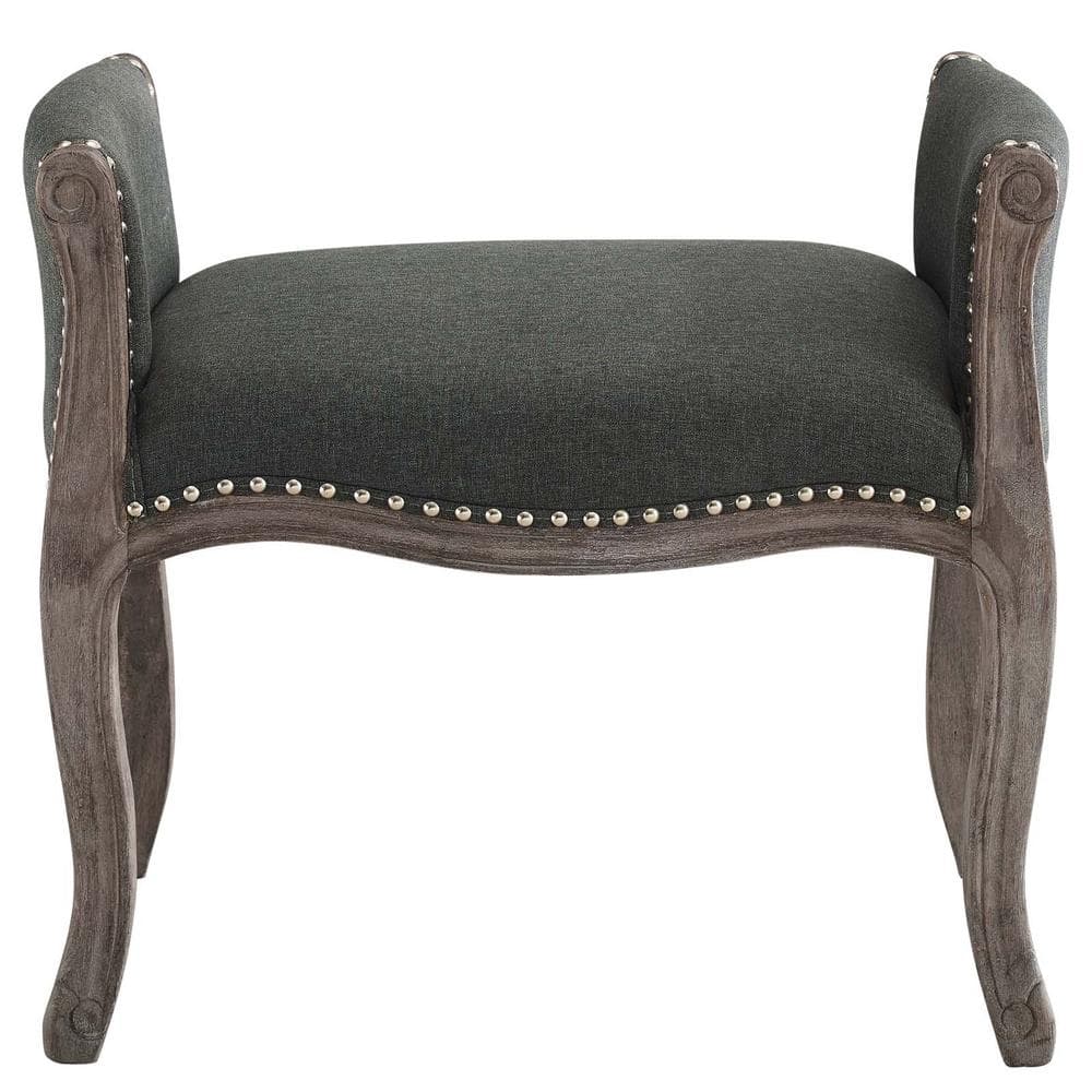 Gray Vintage French Upholstered Fabric Bench with Nailhead Trim