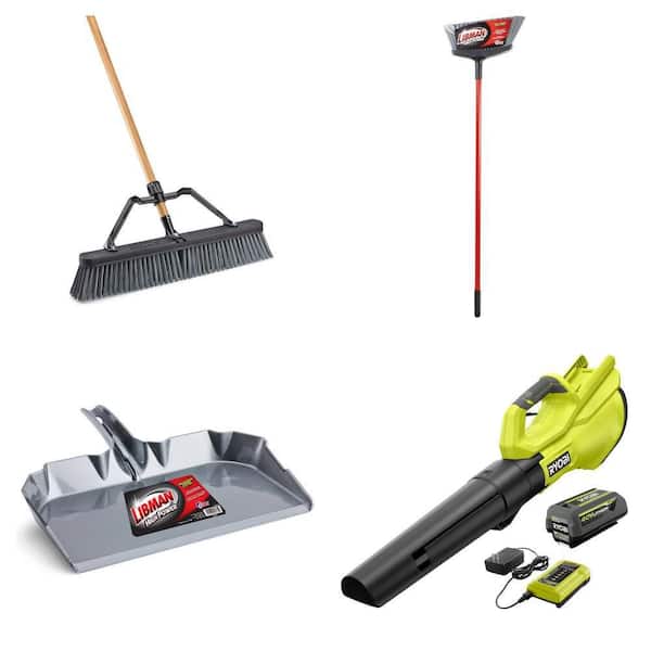 40V Leaf Blower with Battery, 24 in. Push Broom, 17 in. Dust Pan and 15 in. Angle Broom Cleaning Set (4-Piece)