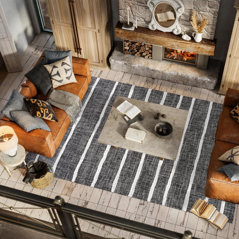 3' x 5' Black and Ivory Synthetic Stripe Rectangular Rug