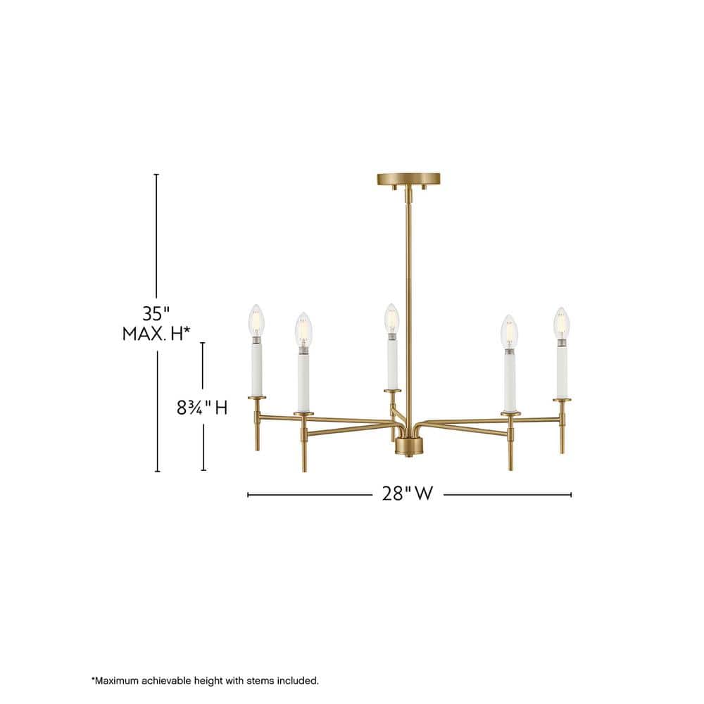 Lacquered Brass and White 5-Light Candle Chandelier