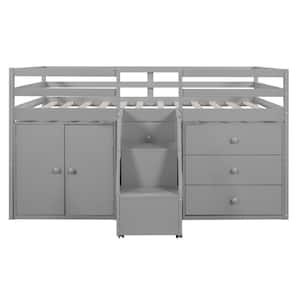 Gray Wood Full Size Low Loft Bed with Cabinets and Drawers, Hanging Clothes At The Back Of The Staircase