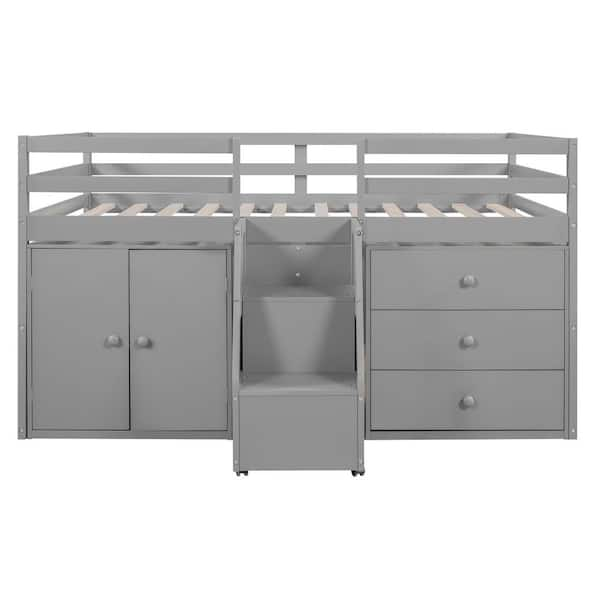 Angel Sar Gray Wood Full Size Low Loft Bed with Cabinets and Drawers ...