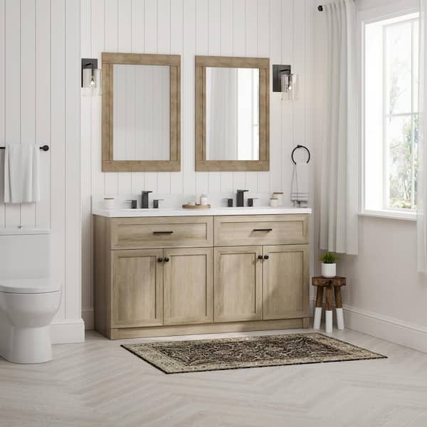 Home Decorators Collection Charbury 60 in. W x 22 in. D x 34 in. H Double Sink Freestanding Vanity in Light Oak w/ White Engineered Stone Top