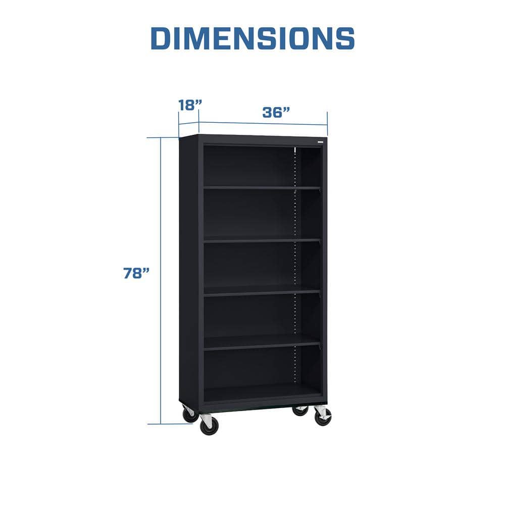 Black Steel Mobile Bookcase with Adjustable Shelves