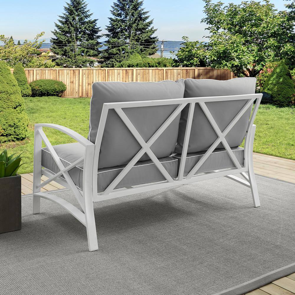 Gray and White Steel Outdoor Loveseat with Cushions