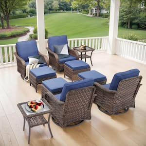 Nyajiah 10-Piece Brown Swivel Rocking Chair Wicker Outdoor Patio Lounge Chair Conversation Set with Blue Cushions