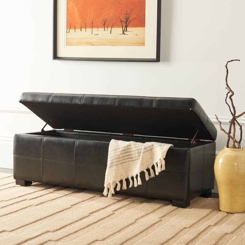 Madison Large Black Leather Storage Bench with Hardwood Frame