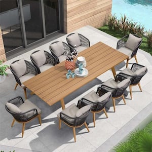 Teak-Finish 9-Piece Wicker Aluminum Frame Rectangular Table Outdoor Dining Set and Pillows with Beige Cushions