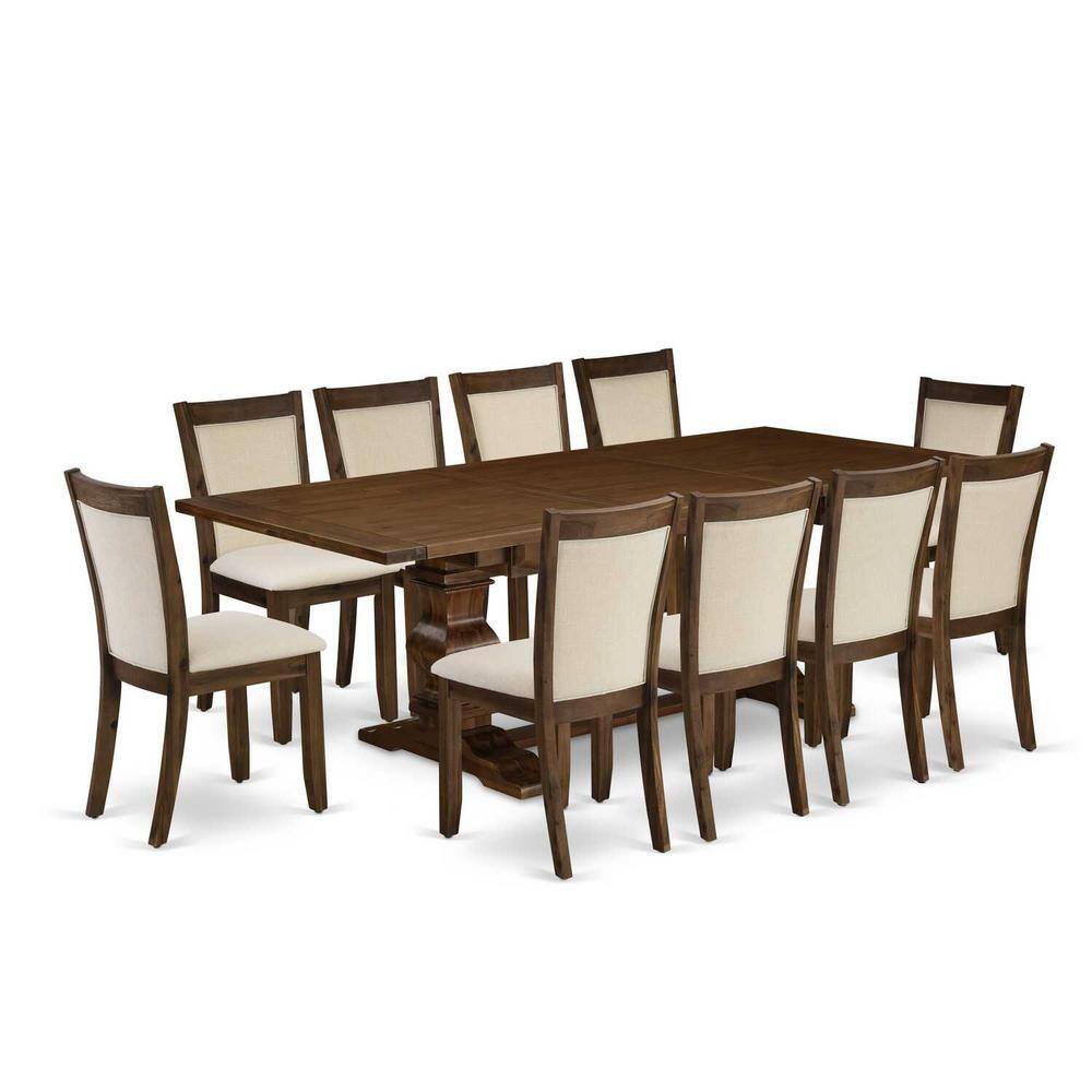 Antique Walnut Round Pedestal Dining Table with 6 Light Beige Linen Chairs