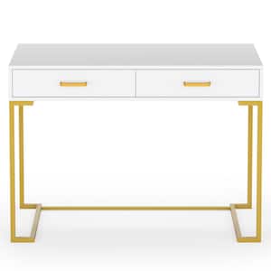 Halseey 39.4 in. Rectangular White Wood 2-Drawer Computer Desk with Gold L-Shaped Metal Base