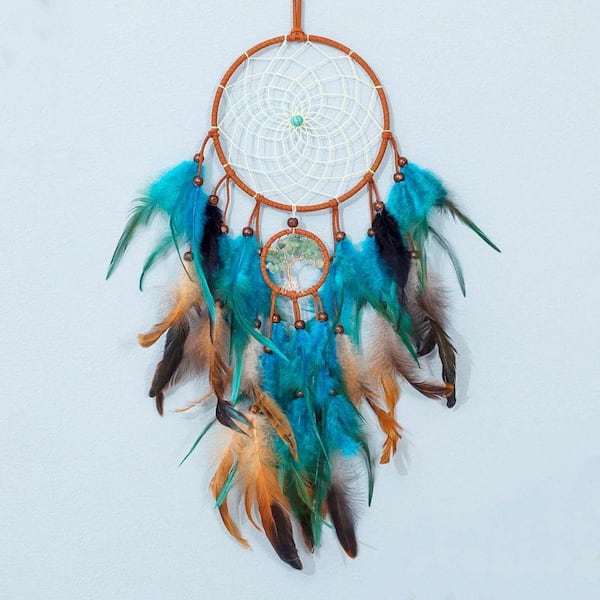 Blue 12 in. x 21.7 in. Handmade Dream Catcher with Feathers