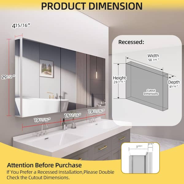 Blanc 60 in. W x 30 in. H Rectangular Aluminum White Medicine Cabinet with Mirrors for Bathroom Recessed / Surface Mount