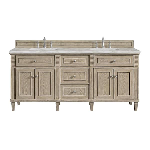 James Martin Vanities Lorelai 72.0 in. W x 23.5 in. D x 34.06 in. H Double Bath Vanity in Whitewashed Oak with Victorian Silver Quartz Top