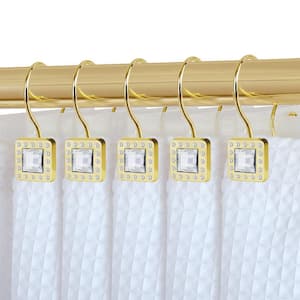 Double Shower Curtain Hooks for Bathroom, Rust Resistant Shower Curtain Hooks Rings, Crystal Design, Set of 12, Gold
