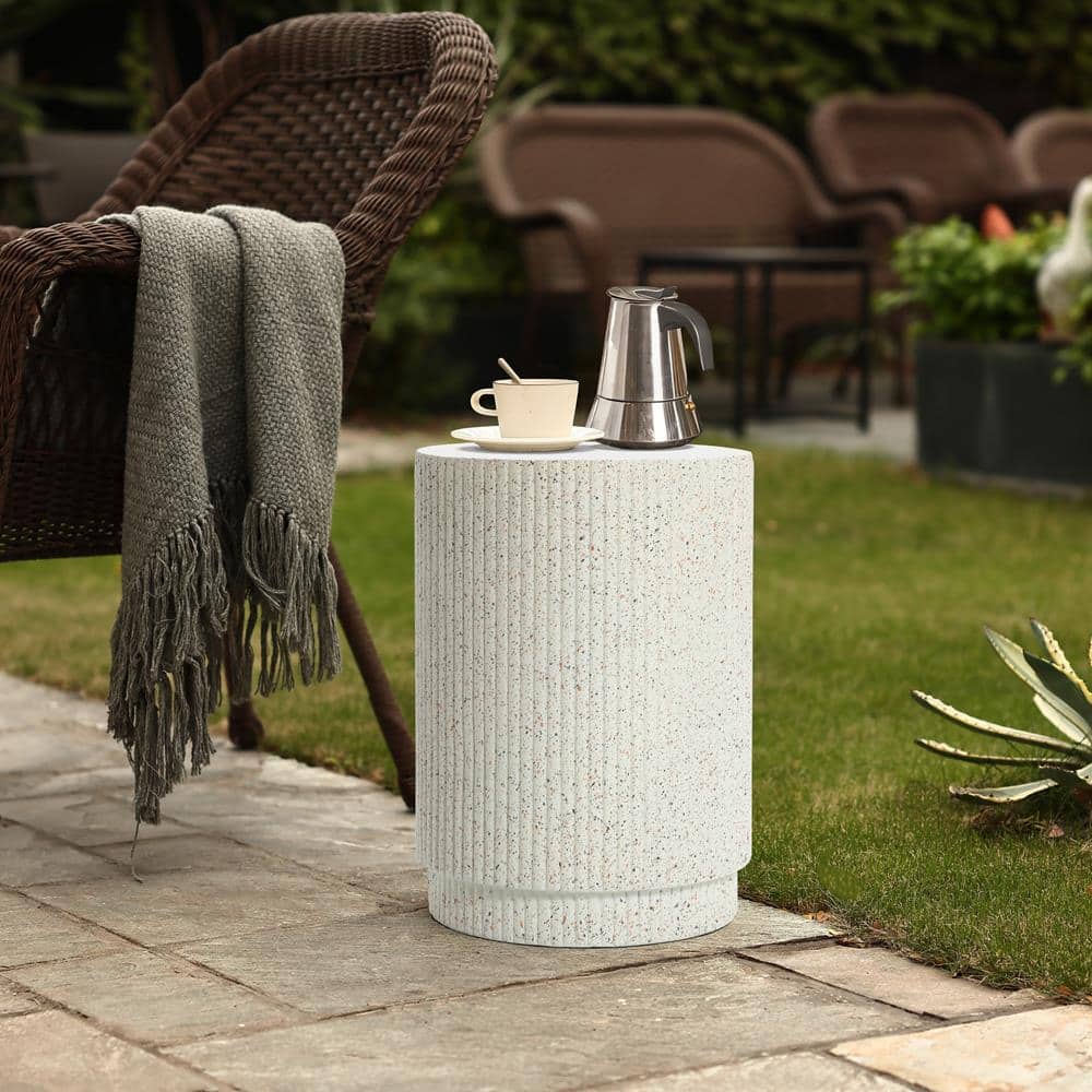 Ivory White Cement Round Outdoor Side Table with Gray Flecks