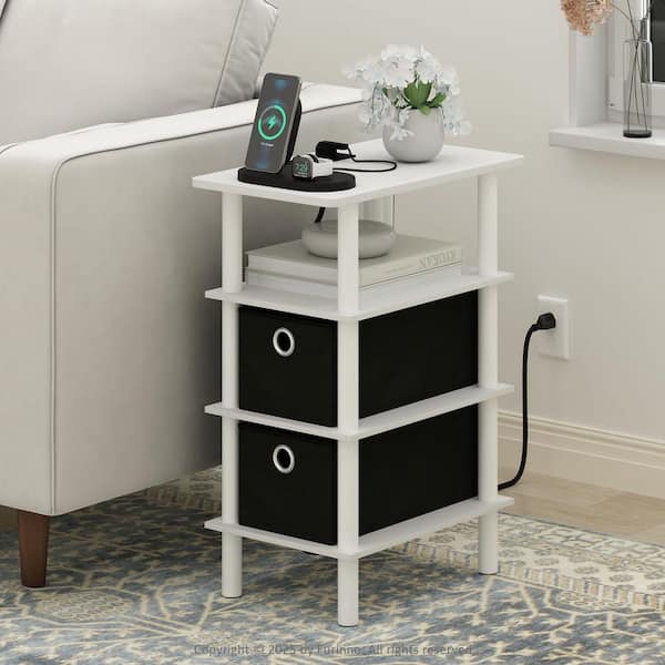 Furinno Turn-N-Tube 18.9 in. White/White/Black Rectangle Wood End Table with USB and Type-C Charging Port
