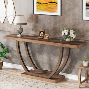 Catalin 63 in. Brown Rectangular Sofa Table Wood Console Table with 2-Tier Shelf