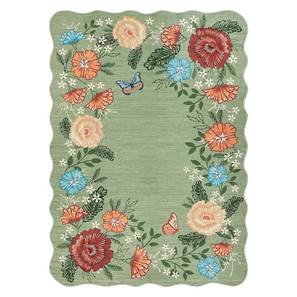 Wavy Edge Decorative Machine Washable Vintage Floral Printed Carpet for Bedroom Apartment Green 8 ft. x 10 ft. Area Rug