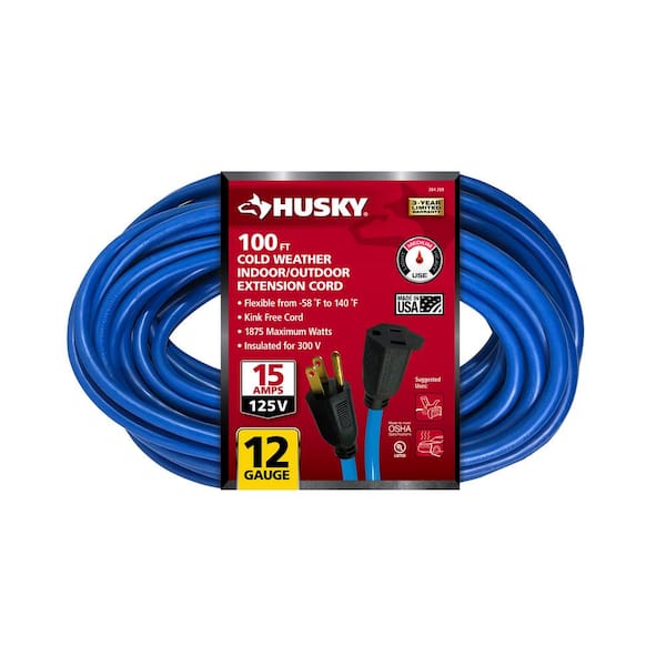 Husky 100 ft. 12/3 Medium Duty Cold Weather Indoor/Outdoor Extension Cord, Blue