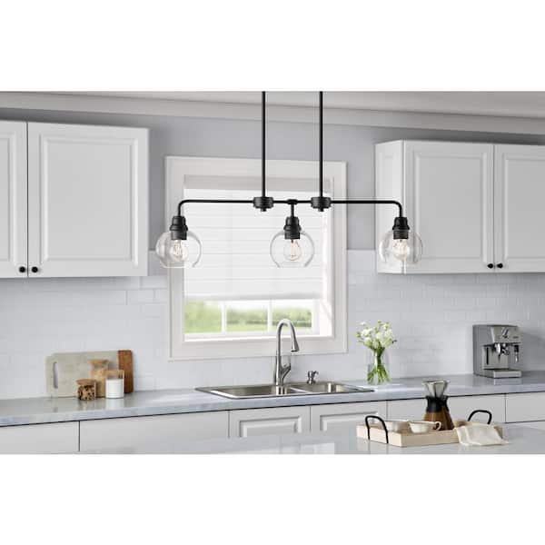 Hampton Bay Florabelle 3-Light 36 in. W Globe Pendant Matte Black Clear Glass Shades