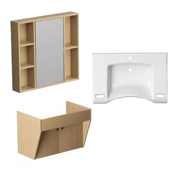 30 in. W Single Sink Floating Vanity Wood Color Bath Vanity with White Ceramic Top Unassembled, Included Mirror Cabinet