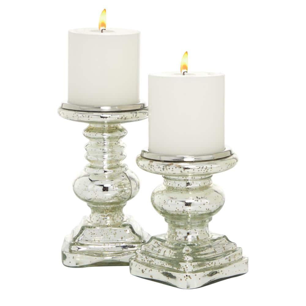 Elegant Silver Mercury Glass Pillar Candle Holder Set, 9" & 7"H