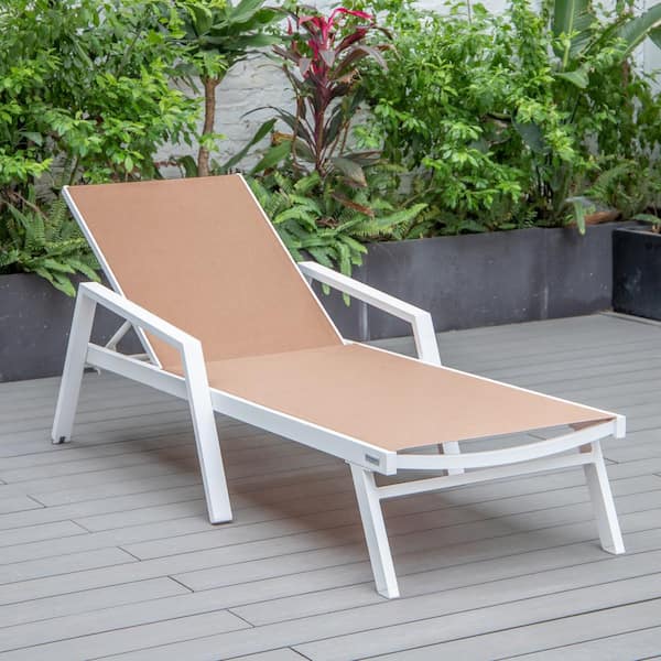 Leisuremod Marlin Outdoor Patio Chaise Lounge Chair with Arms in White Aluminum Reclining Backrest Mesh Sling Seat in Light Brown