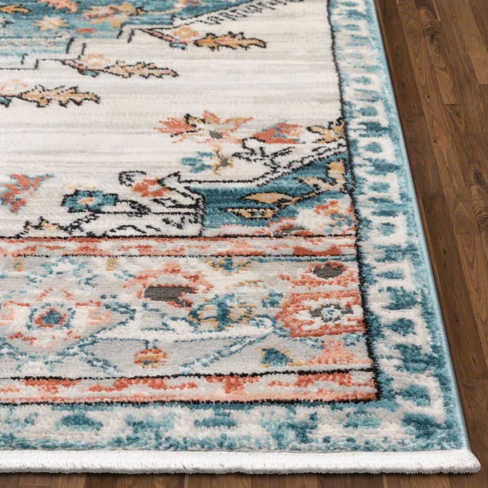 Oriental Blue Synthetic 5' x 7' Easy-Care Stain-Resistant Area Rug