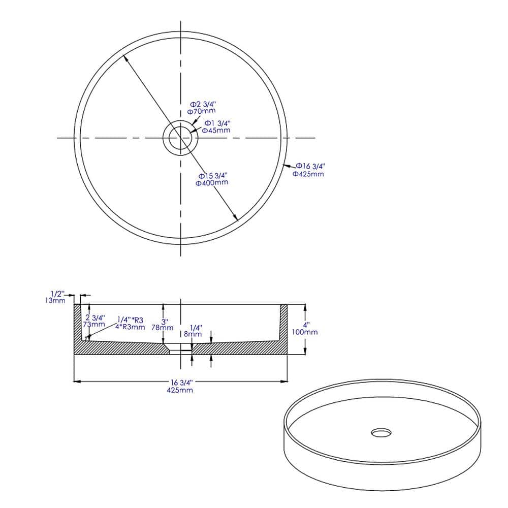 Gray Matte Circular Ceramic Bathroom Sink, 20-inch