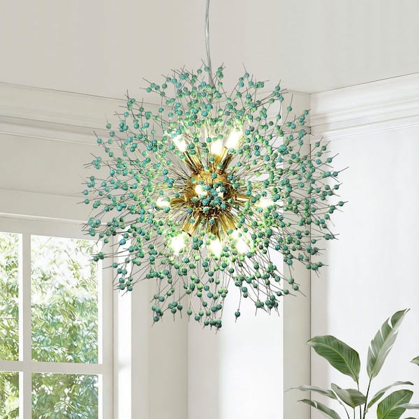 Lume 9-Light 20 in. Green Modern Dandelion Firework w/ Turquoise Beads Round Sputnik Chandelier for Livingroom, Bedroom