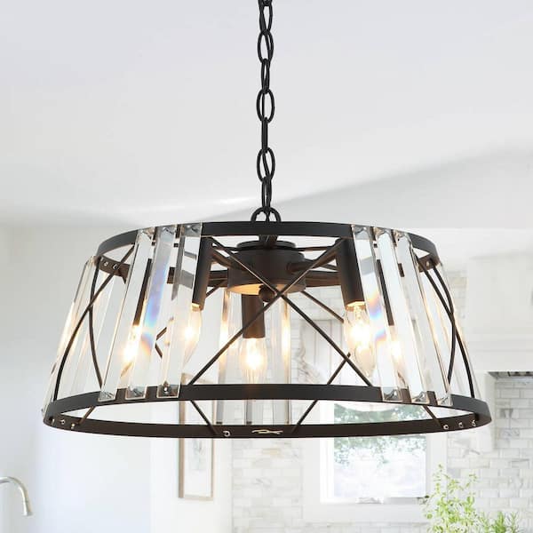 Flint Garden 18 in. 5-Light Modern Drum Crystal Chandelier Glam Island Pendant Light with Black Metal Caged Frame