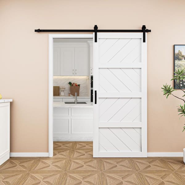 EH PUERTA 36 in. x 84 in. White 4 Lite Wave Pattern Finished MDF Sliding Barn Door with Hardware Kit and Soft Close