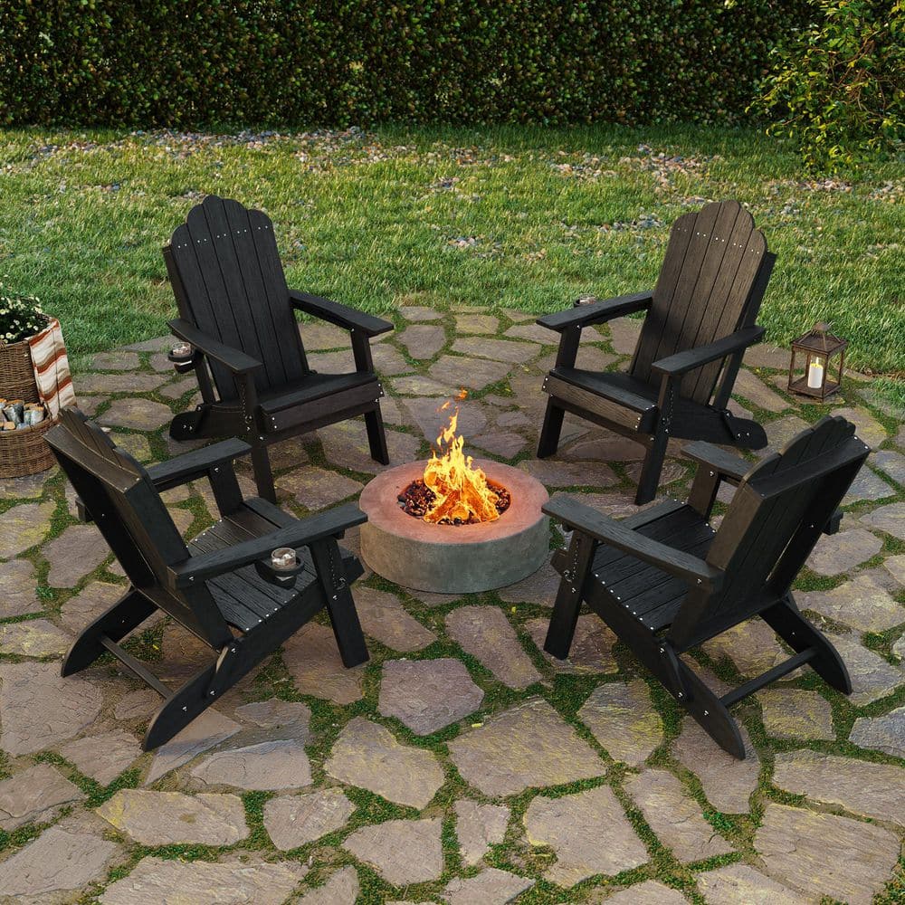 All-Weather Patio Folding Adirondack Chair HDPE Frame Lawn Chair with Slat Seat and Cup Holder,Black, Set of 4 price history on PriceWatchPro