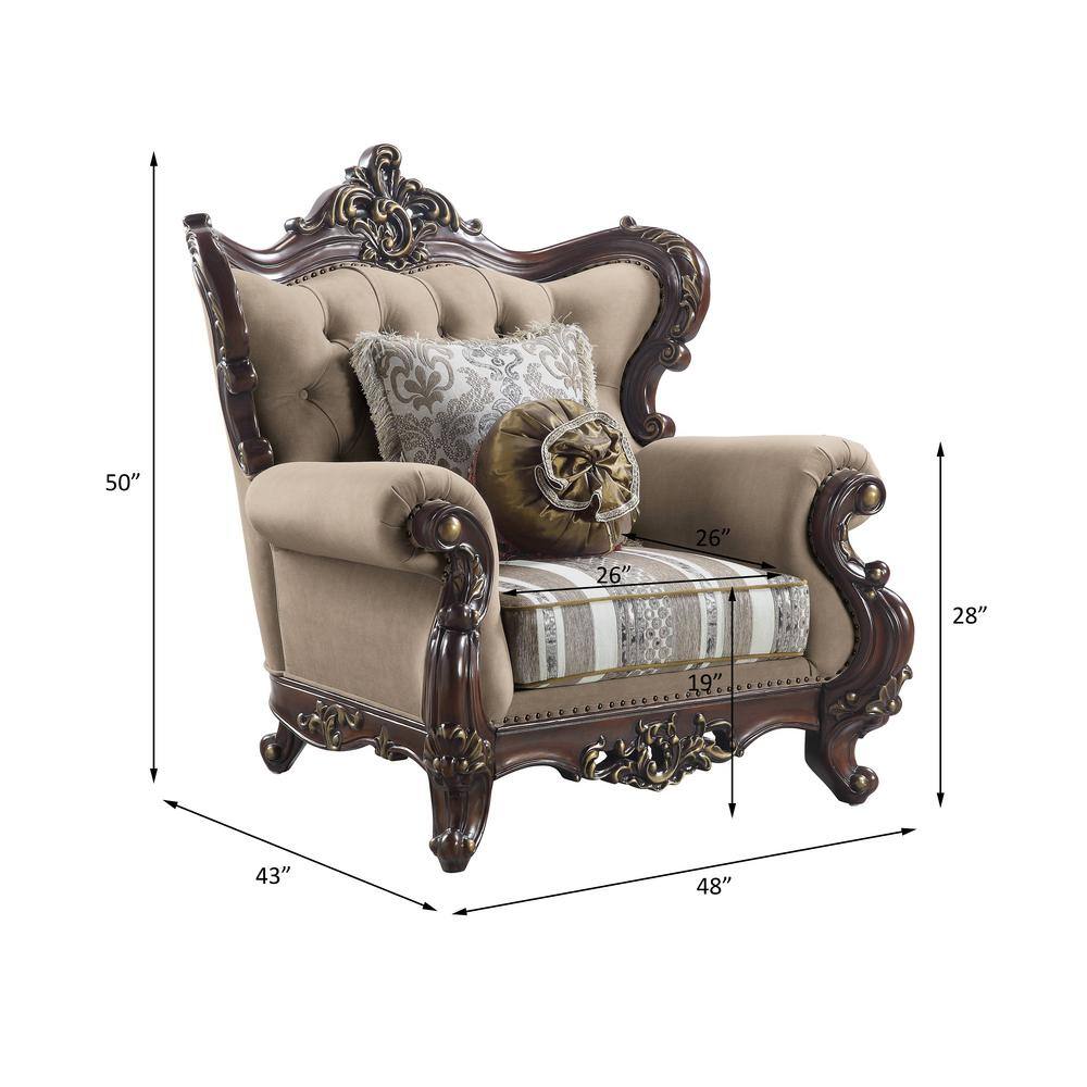 Light Brown Linen and Cherry Wood Floral Accent Chair