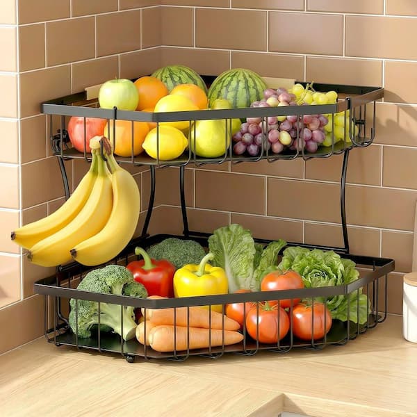 2-Tier Fruit Basket with 2 Banana Hangers, Detachable Metal Fruit Bowl for Bread Fruit and Vegetable Storage