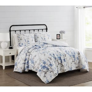 Kasumi 3-Piece White and Blue Floral Polyester Full/Queen Comforter Set