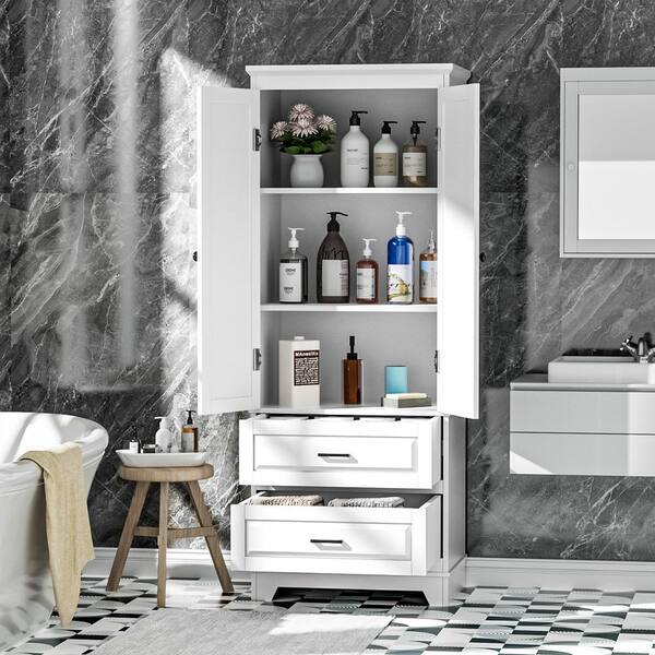 Elsa Modern Floating / Wall Mounted Bathroom Linen Side Cabinet with 1 Door and 3 Drawers, Glossy White