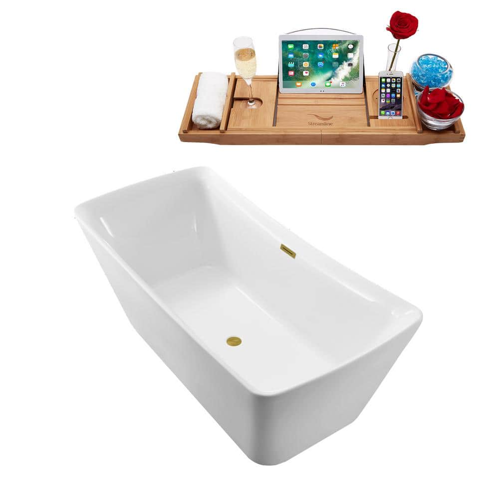 62" Glossy White Acrylic Freestanding Soaking Bathtub with Brushed Gold Hardware