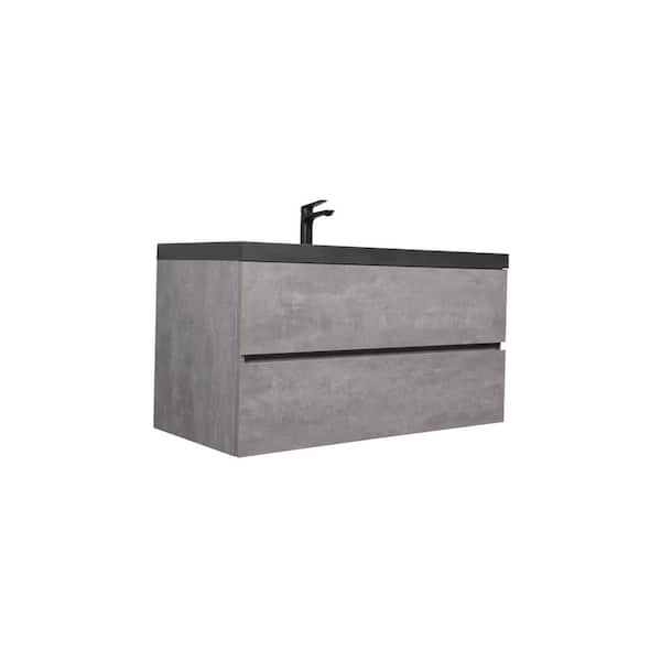 42 in. W Single Sink Wall Mount Floating Bath Vanity in Cement Grey with Black Quartz Sand Surface Top