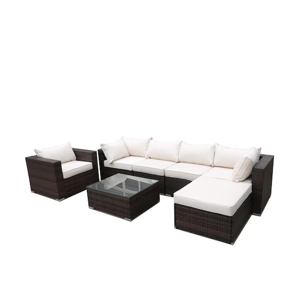 Tunearary 7 Piece Brown Rattan Outdoor Conversation Set, with Beige Cushions and Coffee Table