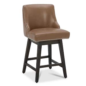 Martin 26 in. Saddle Brown High Back Solid Wood Frame Swivel Counter Height Bar Stool with Faux Leather Seat(Set of 2)