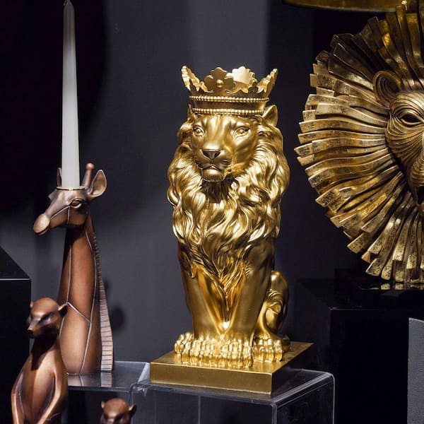 15 Inch Resin Lion Statue-Outdoor Collectible Figurine Gold Crown