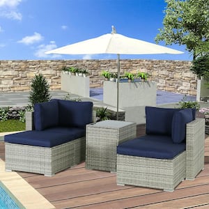 Gray 5-Piece PE Wicker Patio Outdoor Furniture Rattan Sectional Sofa Set with Blue Cushions